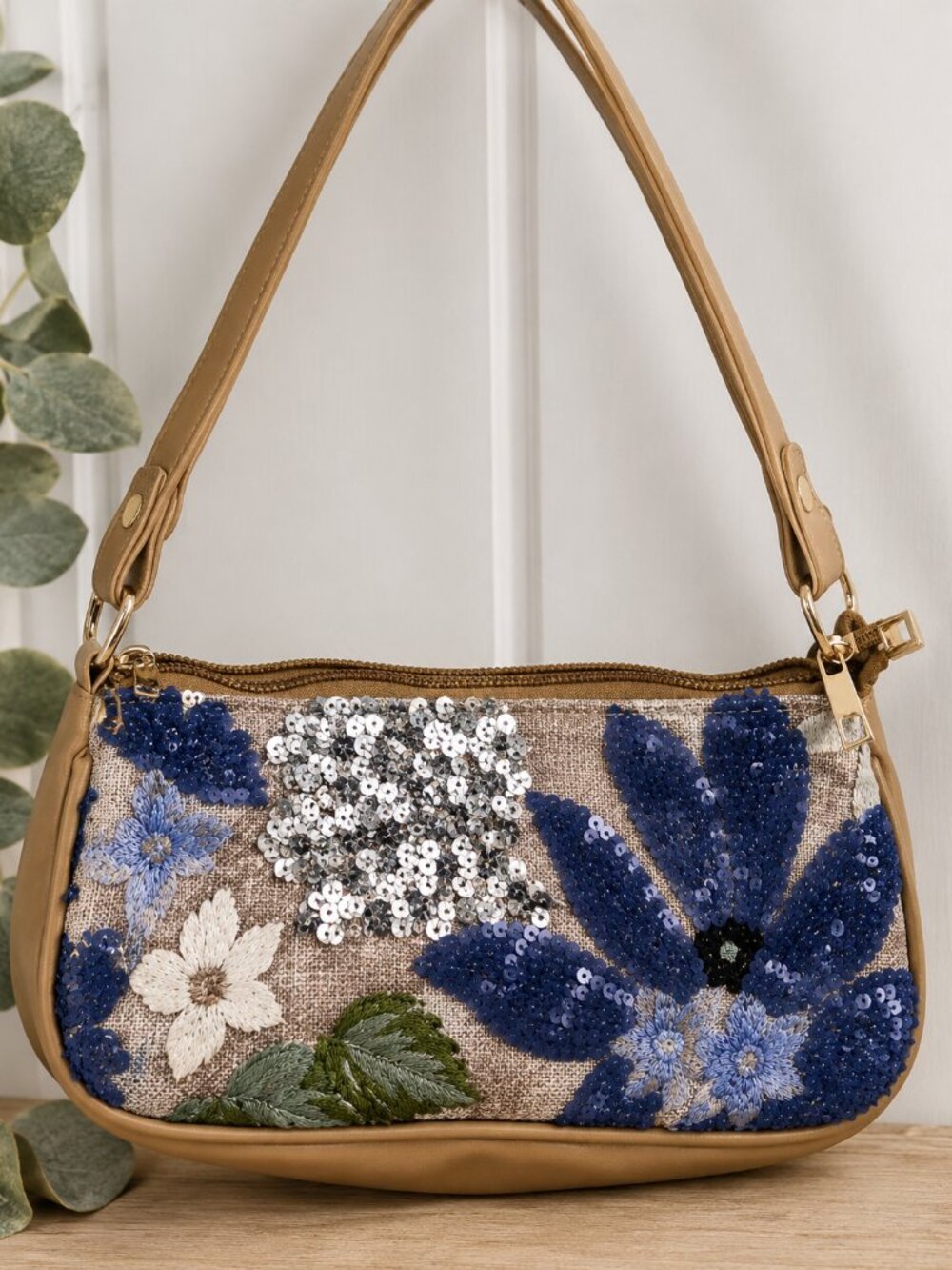 Blue Floral Sequin Embroidered Baguette Shoulder Bag Tan Like New